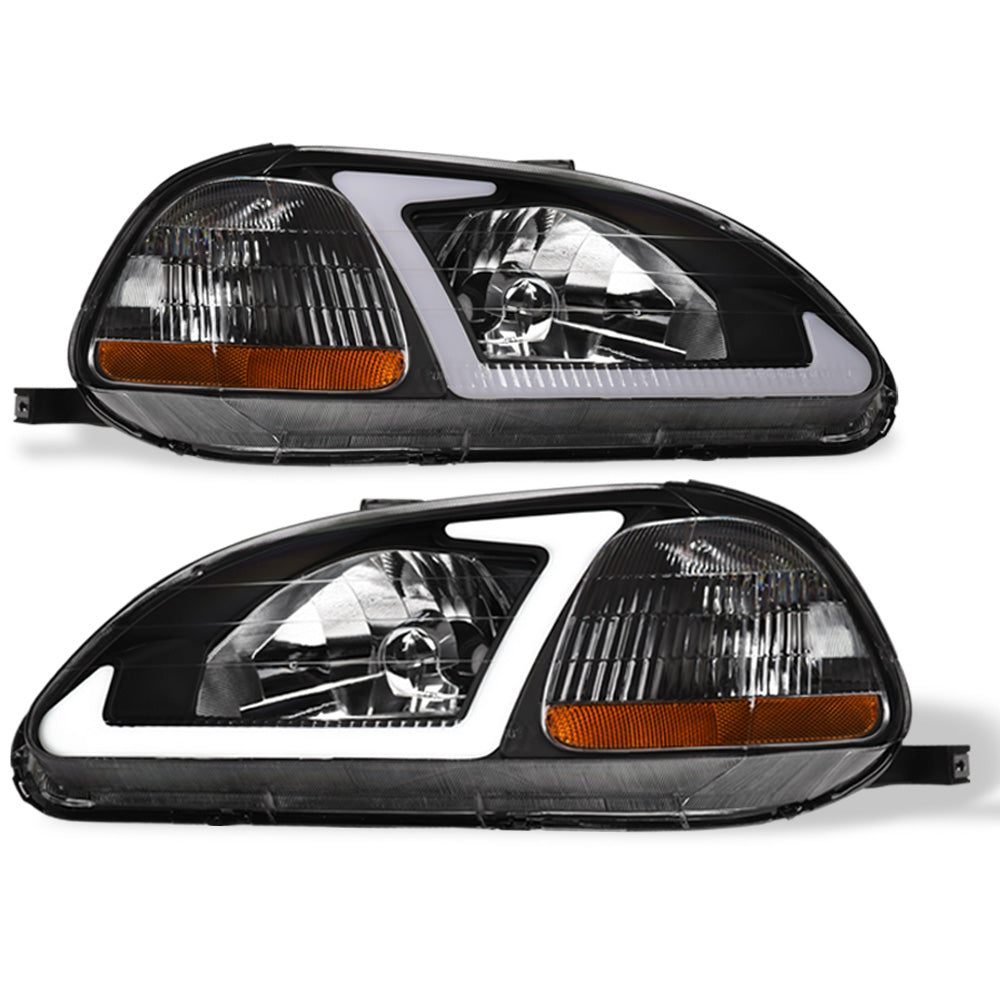 1996-1998 Honda Civic Crystal Headlights w/ LED Light Bar - Black