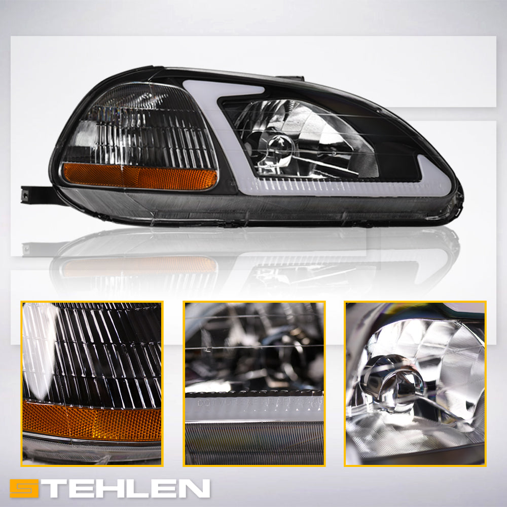 1996-1998 Honda Civic Crystal Headlights w/ LED Light Bar - Black