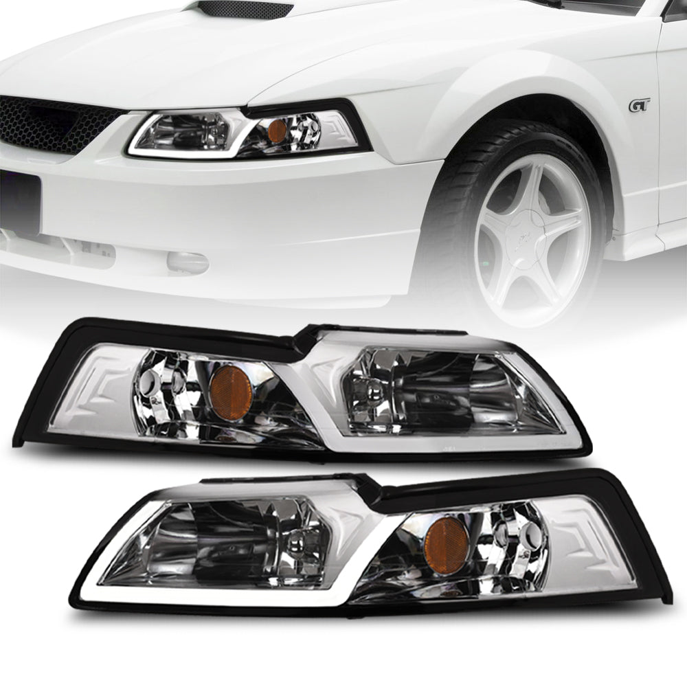 1999-2004 Ford Mustang Chrome Crystal Headlights w/ LED Light Bar