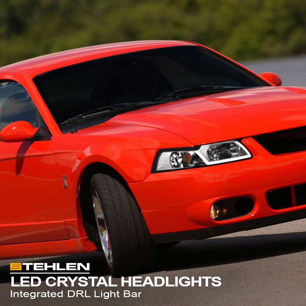 1999-2004 Ford Mustang Chrome Crystal Headlights w/ LED Light Bar