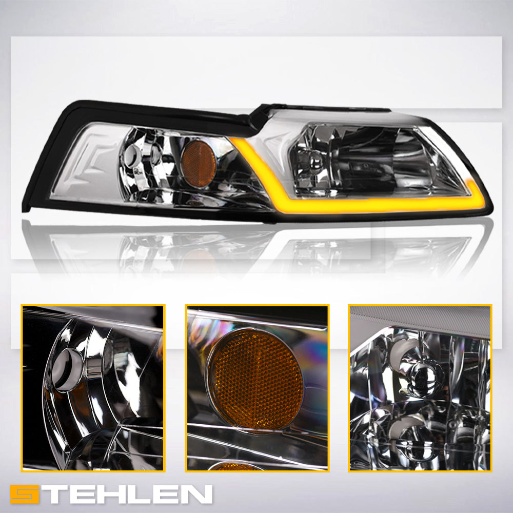 1999-2004 Ford Mustang Crystal Headlights Sequential LED Signal - Chrome