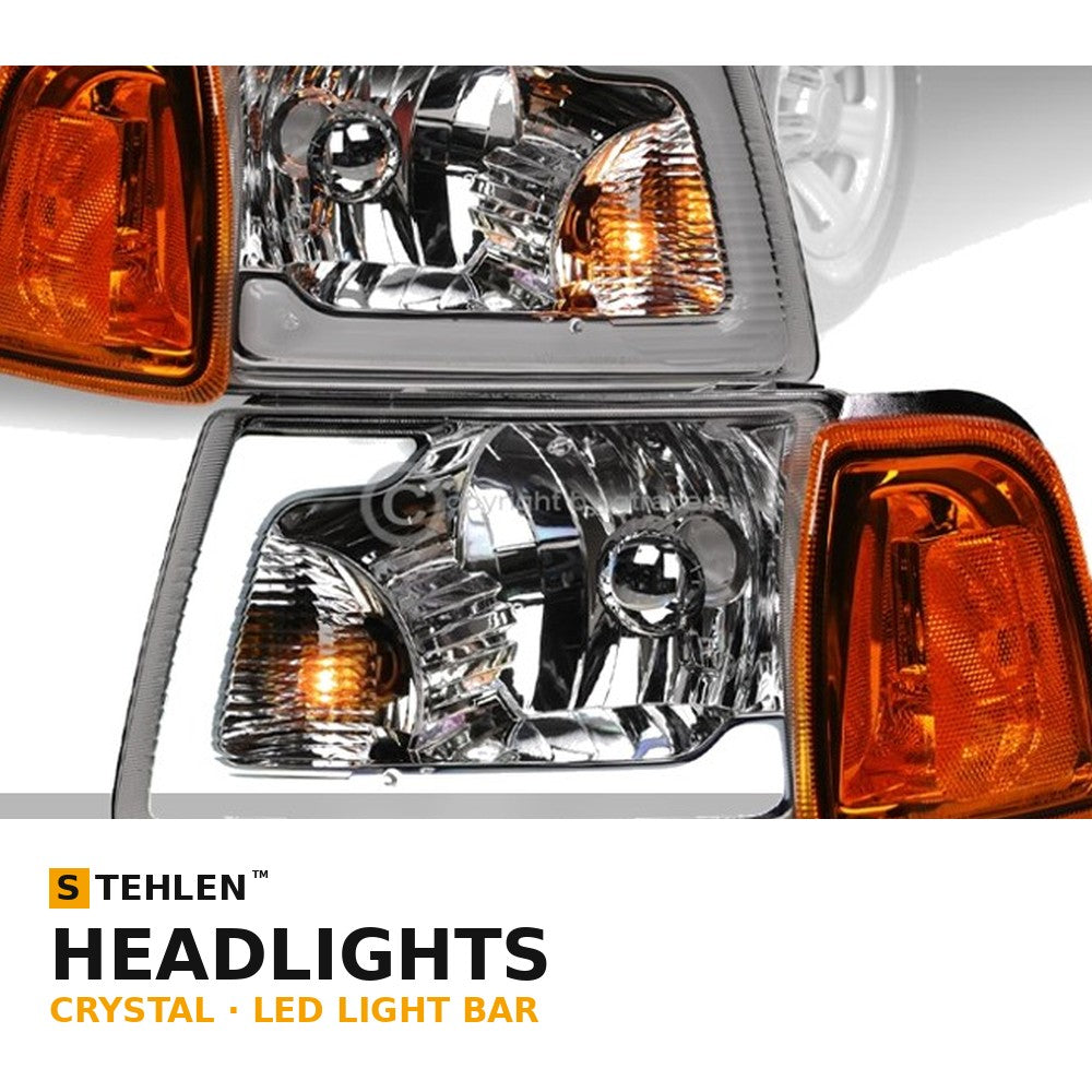 2001-2011 Ford Ranger Crystal Headlights w/ Corner Lights 4pc Set & LED Bar — Chrome