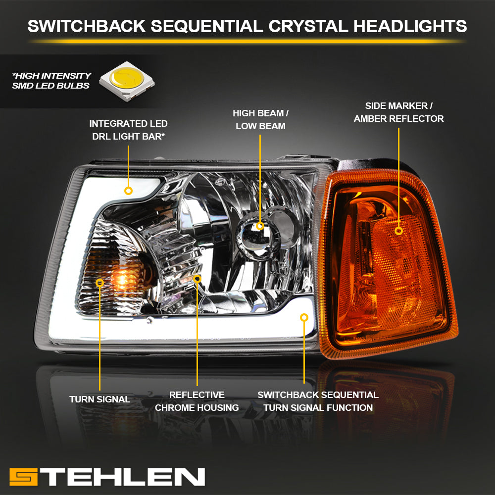 2001-2011 Ford Ranger Crystal Headlights w/ Sequential LED - Chrome 4PC