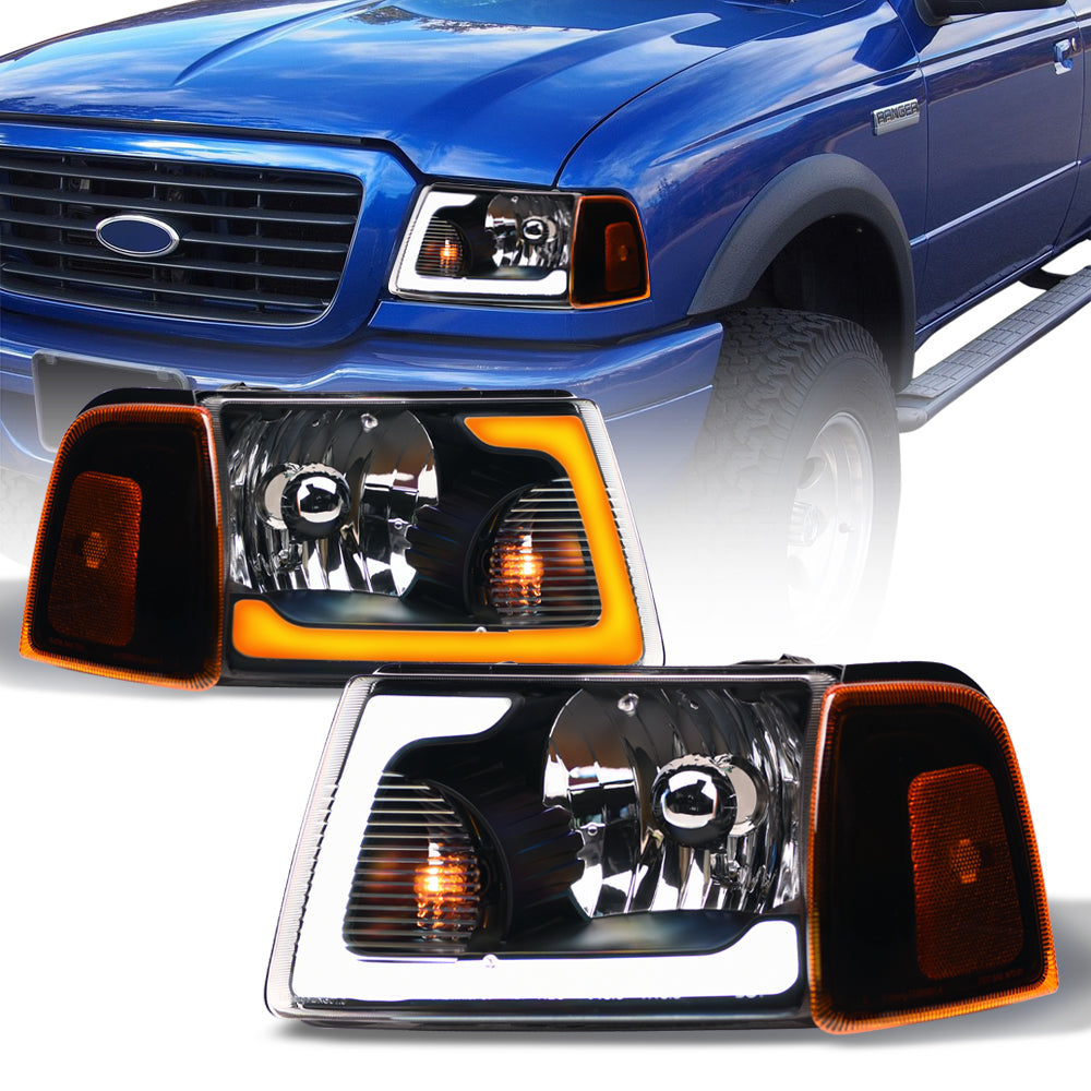 2001-2011 Ford Ranger Crystal Headlights 4PC Sequential LED - Black