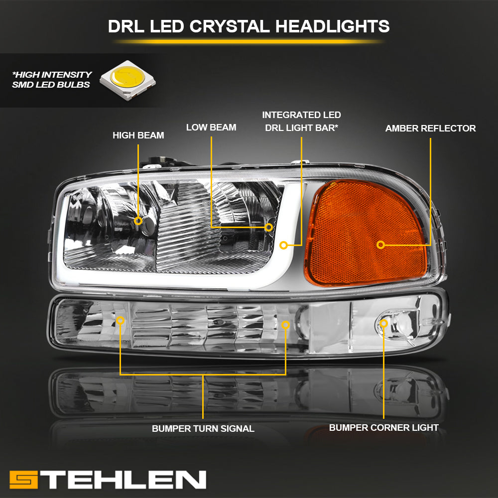 1999-2007 GMC Sierra & 2000-2006 Yukon/Yukon XL Crystal Headlights LED Bar - Chrome 4PC