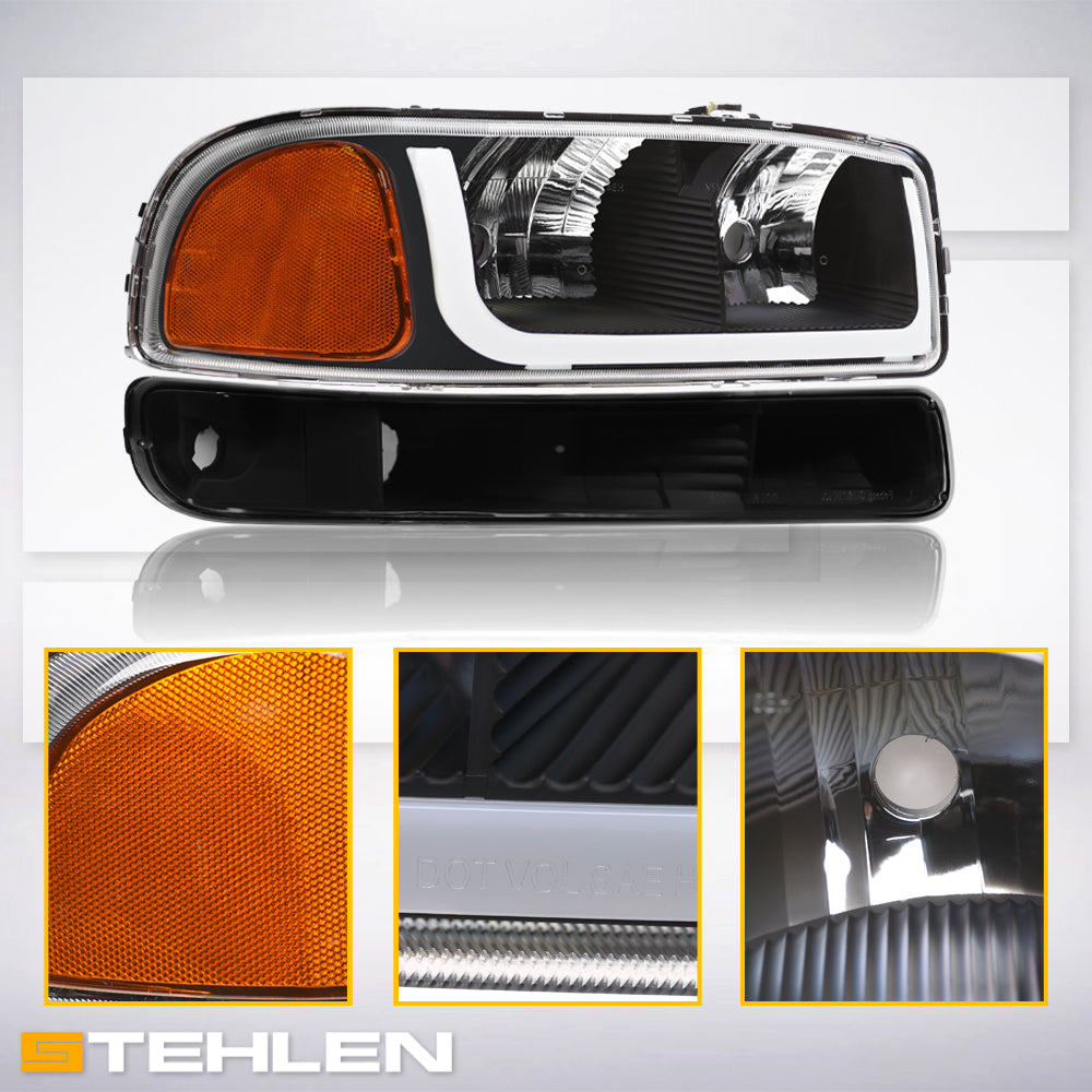 1999-2007 GMC Sierra & 2000-2006 Yukon/Yukon XL Crystal Headlights LED Bar - Black 4PC