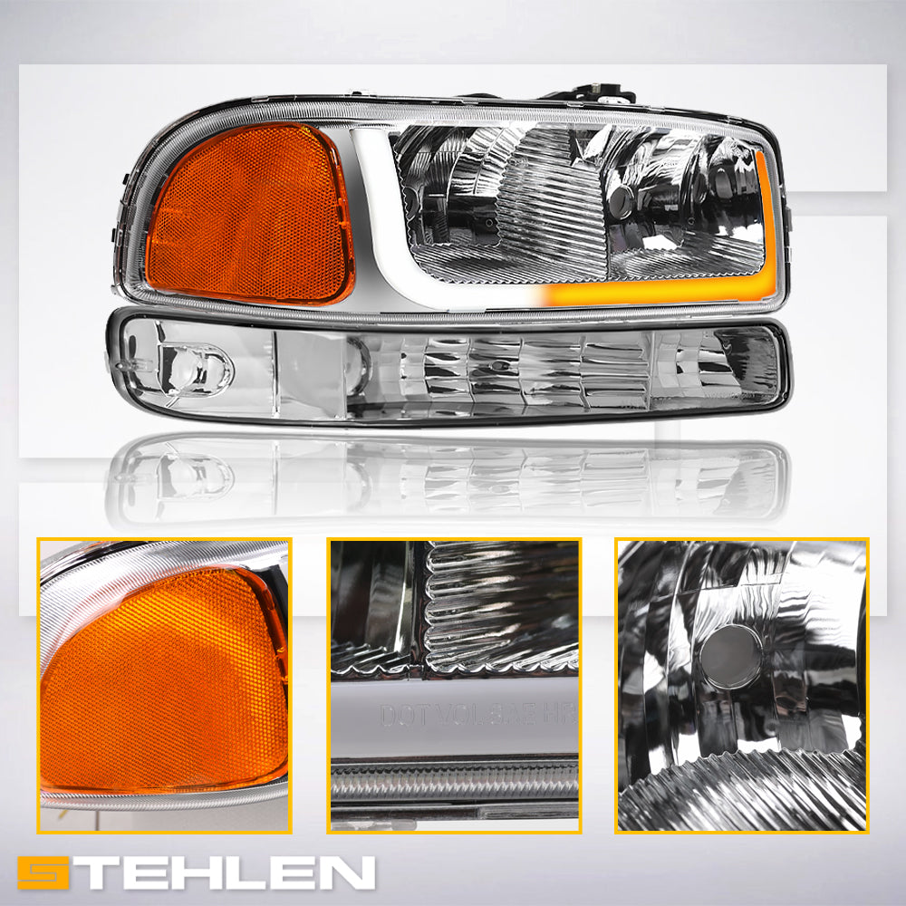 1999-2007 GMC Sierra & 2000-2006 Yukon/Yukon XL Crystal Headlights Sequential LED - Chrome 4PC