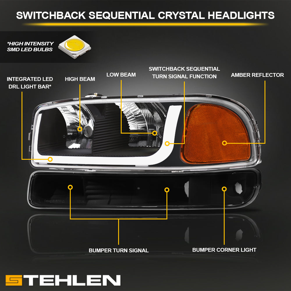 1999-2007 GMC Sierra & 2000-2006 Yukon/Yukon XL Crystal Headlights Sequential LED - Black 4PC