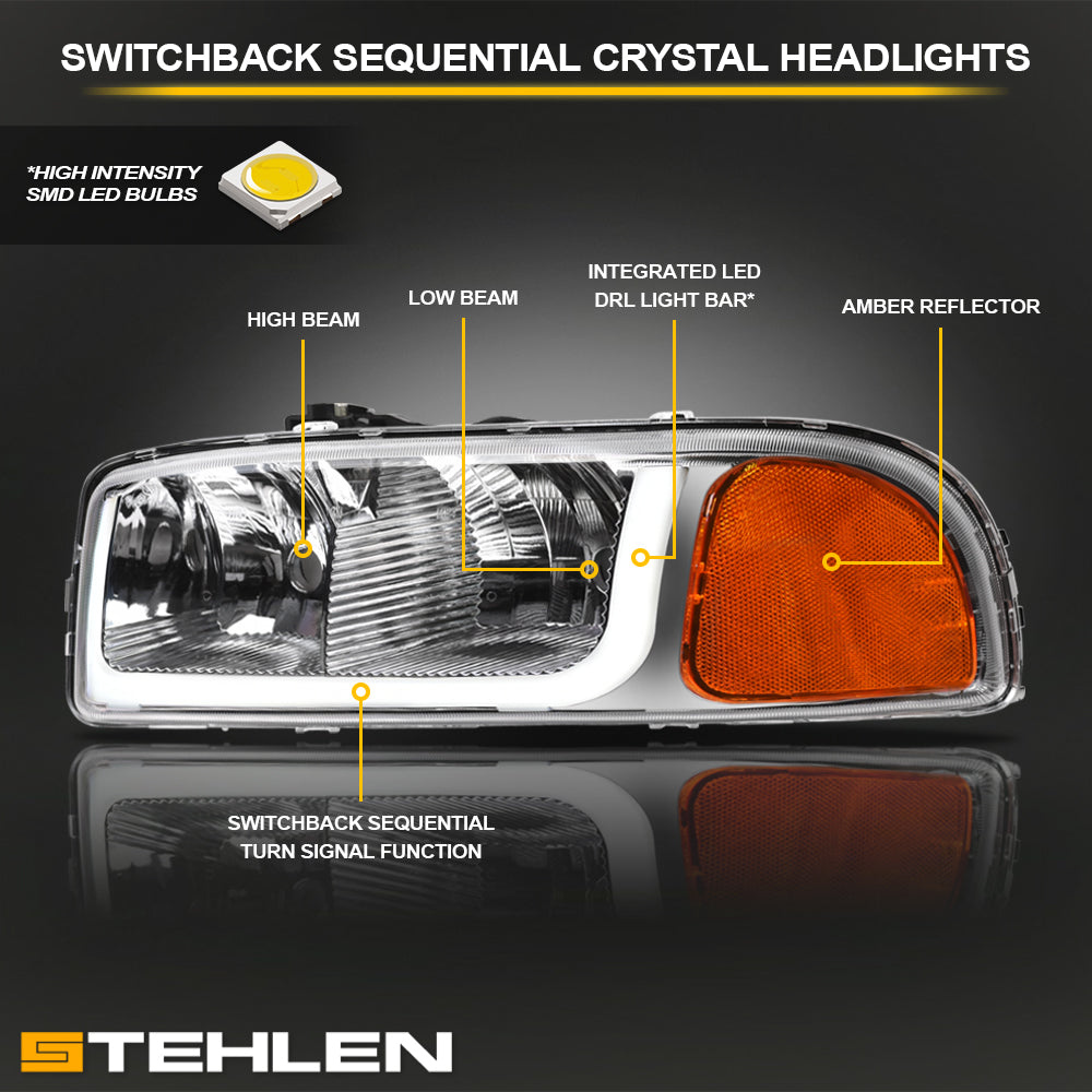 1999-2007 GMC Sierra & 2000-2006 Yukon/Yukon XL Crystal Headlights Sequential LED - Chrome