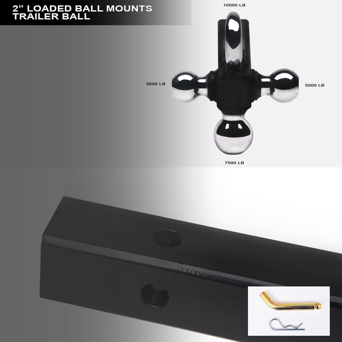 3-in-1 Tri-Ball Trailer Hitch Mount for 2 in. Receiver w/ Hook - Black
