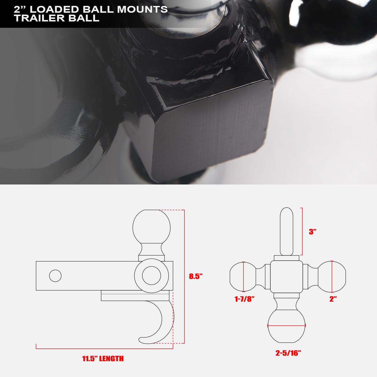 3-in-1 Tri-Ball Trailer Hitch Mount for 2 in. Receiver w/ Hook - Black